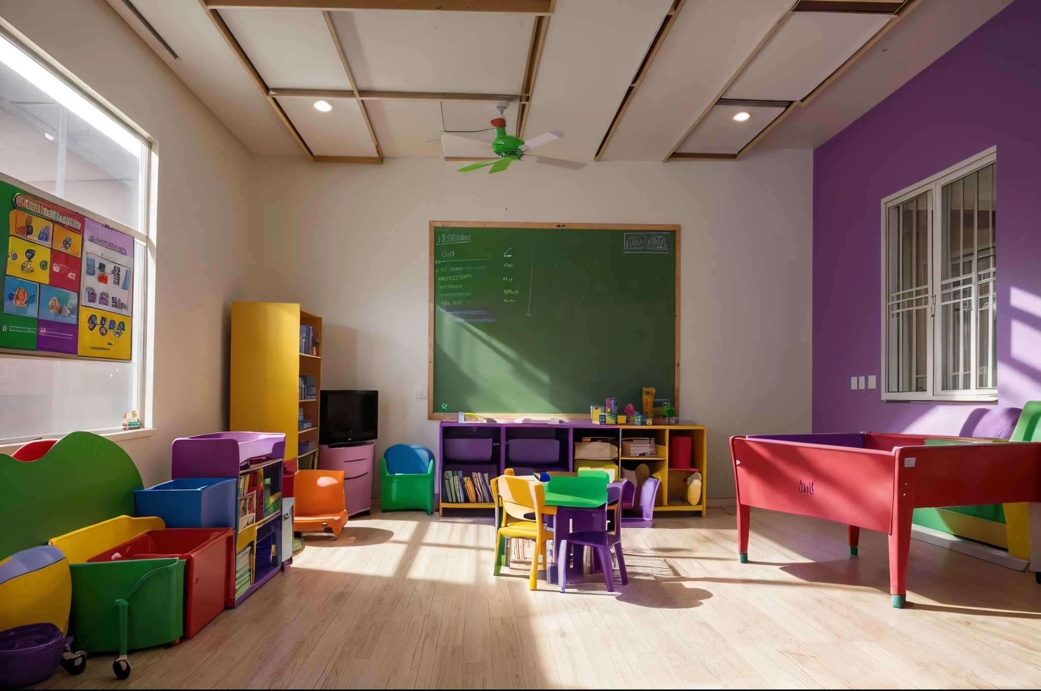 Design an engaging and lifelike image of a spacious preschool classroom filled with the vibrant colors of purple, green, and red. Integrate the joyful presence of children engaged in various activities, such as reading, drawing, or playing with educational toys. Ensure that the atmosphere reflects a warm and nurturing environment, encouraging creativity and exploration.