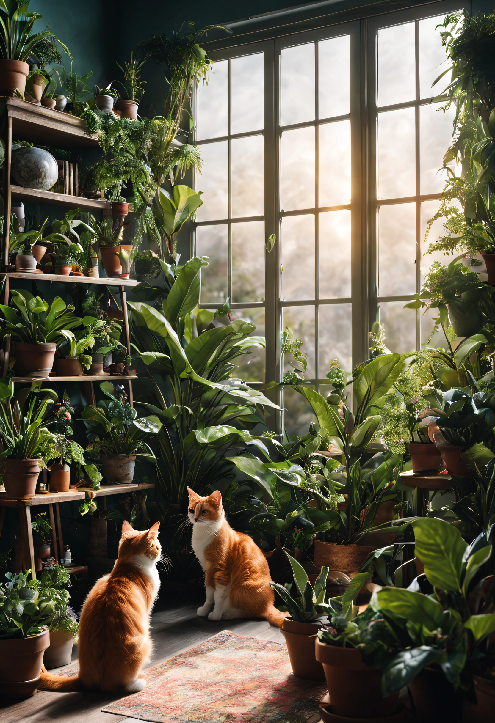 create room with many house plants and 3 cats. With 1 elves and cosmic landscape behind large window