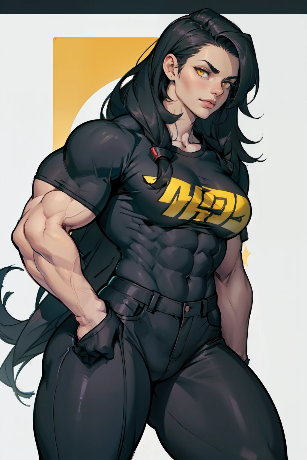 ((((muscular 1girl)))) ((((thick thighs toned body)))) (pale skin) black hair yellow eyes very long hair tight shirt tight pants sidelocks