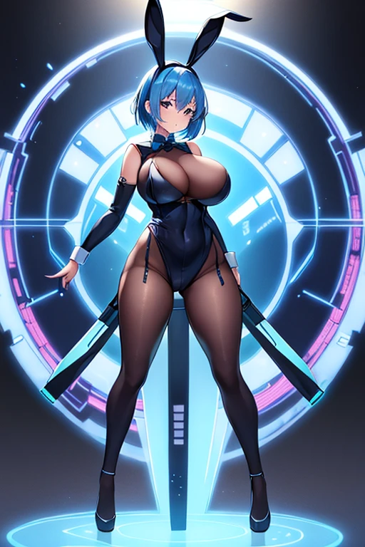 1girl, blue hair, large breasts, bunny ears, rabbit ears, wide hips, bodysuit, black bodysuit, short hair, very short hair, science-fiction, tech, futuristic, machinery, full body, ((full body)),