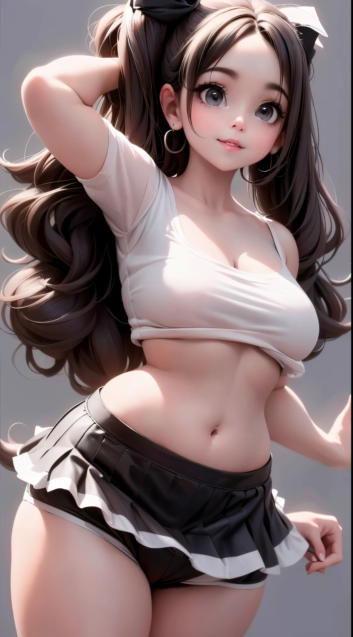 a plump girl in a black and white top and black mini skirt, big hair bow, her belly button is exposed, physical : tinyest midriff ever, exposed midriff, performing on stage, tinyest midriff ever, beautiful midriff, wearing crop top and miniskirt, sfw