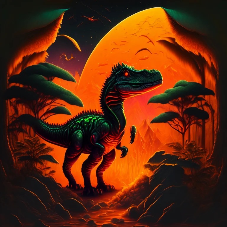 um dinossauro de luz em uma selva densa, arte surreal, estampa (orange), personagem (dinossauro de luz), arte detalhes perfeitos, arte em vetor/neon light, cores orange/marrom/verde