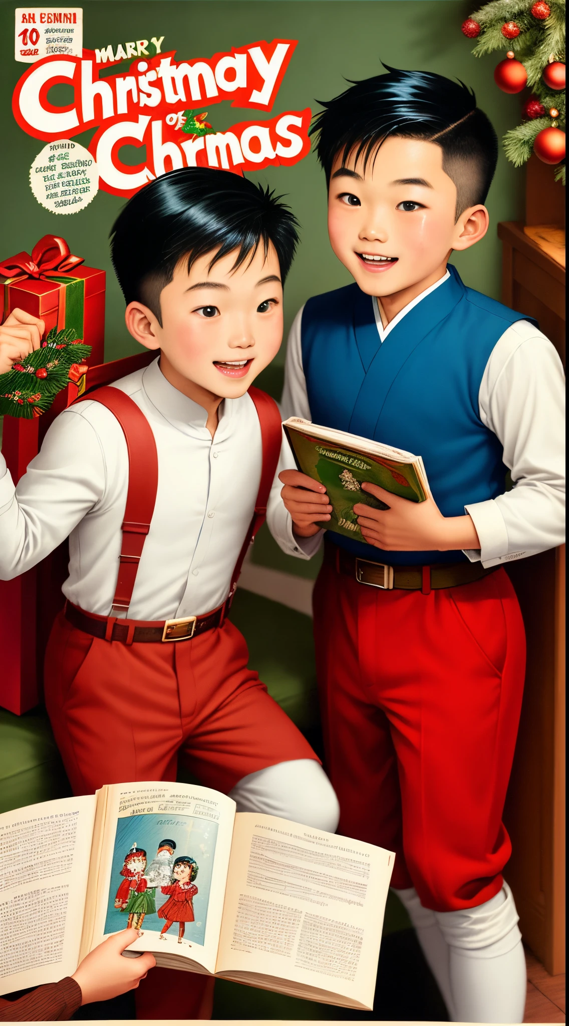 Two Asian-American brothers 7 and 10 wh tanned skin celebrating Christmas vintage comic story book style