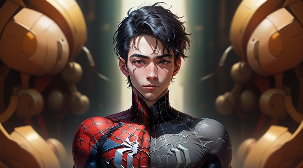 Boy with black hair, brown eyes, wearing a red, black and gray Spider-Man costume, he is without a mask and has a pleasant appearance