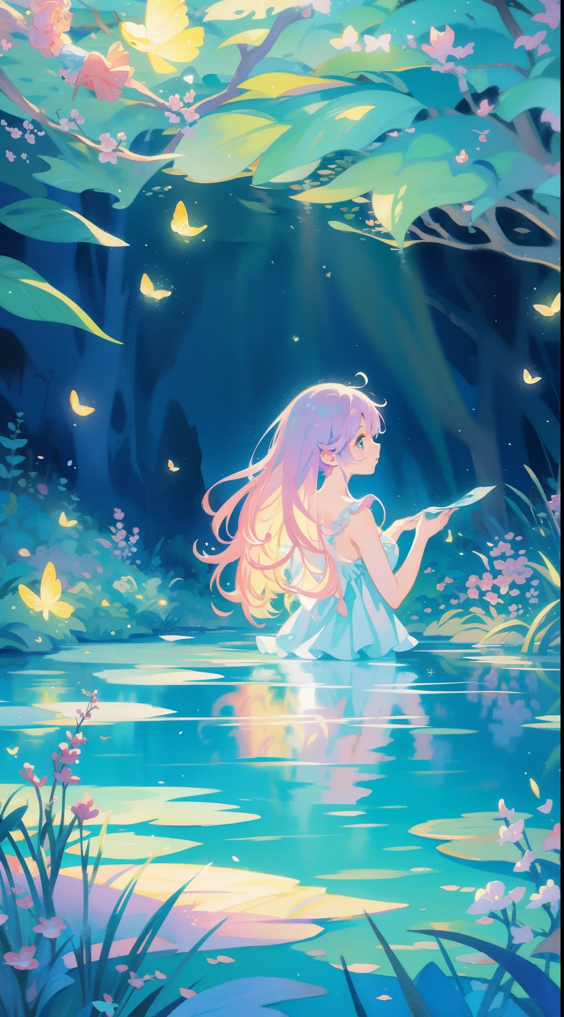 picture book illustration, watercolor storybook illustration, vibrant pastel colors, dreamy, colorful, whimsical, magical, masterpiece, best quality, sharp focus, intricately detailed environment, fine detail, 8k resolution, waterfall lagoon, water nymph girl, (magical lagoon), (waterfall, lake), (beautiful  girl swimming in water), glowing lights, fireflies, glowing butterflies, glowing pixies