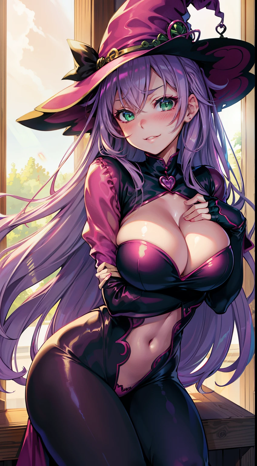 blush, cleavage,, green eyes, red fingerless gloves,glowing aura, natural light, masterpiece, glossy skin, juicy lips ,long hair, cute, kawaii, adorable, reaching up, adult, cuddle, kawaii clothes,random hair style, random clothes, lavender hair,sexy, hot, , random expression, witch, leg up, smirk, holding leg up