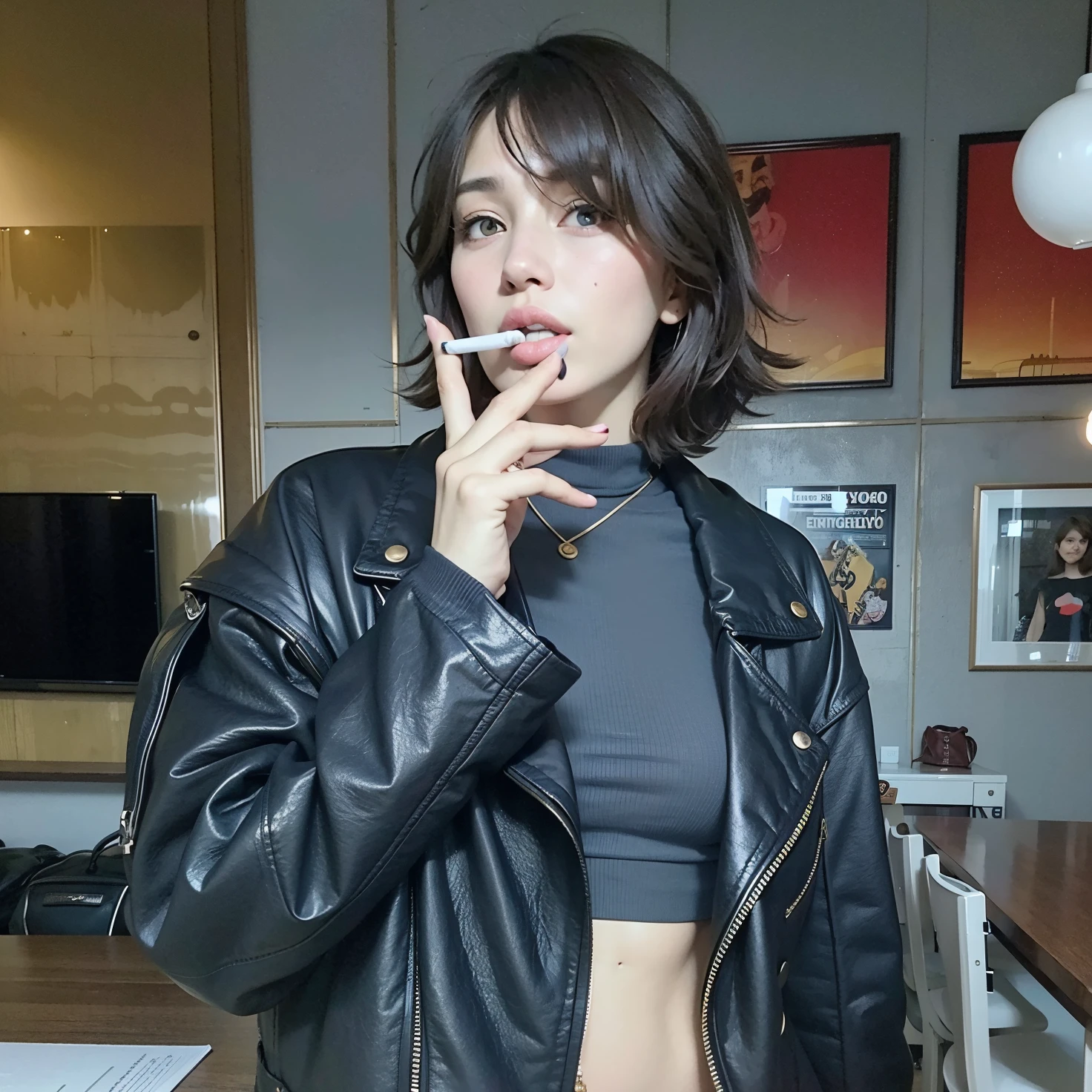 hay una mujer con una chaqueta de cuero negra fumando un cigarrillo, Estilo de Julia Razumova, Bella Hadid, vestido con chaqueta corta de cuero, Ella usa chaqueta de cuero, Ropa de cuero, Imagen de perfil, Julia Gorokhova, Dua Lipa, Anastasia Ovchinnikova, Dasha Taran, Anna Nikolanova aka Newmilky, con pelo corto con flequillo