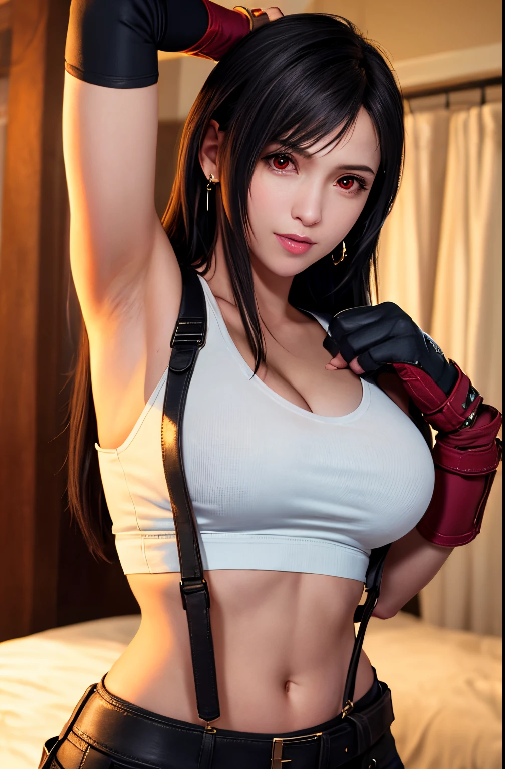 ff7r style, 
tifa lockhart, 1girl, thick lips, arm up, armpits, artist name, belt, black hair, breasts, red eyes, cleavage, closed mouth, collarbone, cowboy shot, crop top, earrings, elbow gloves, elbow pads, gloves, jewelry, large breasts, lips, long hair, low-tied long hair, midriff, navel,   indoors, skirt, smile, solo, stomach, suspenders, tank top, upper body, ((masterpiece))