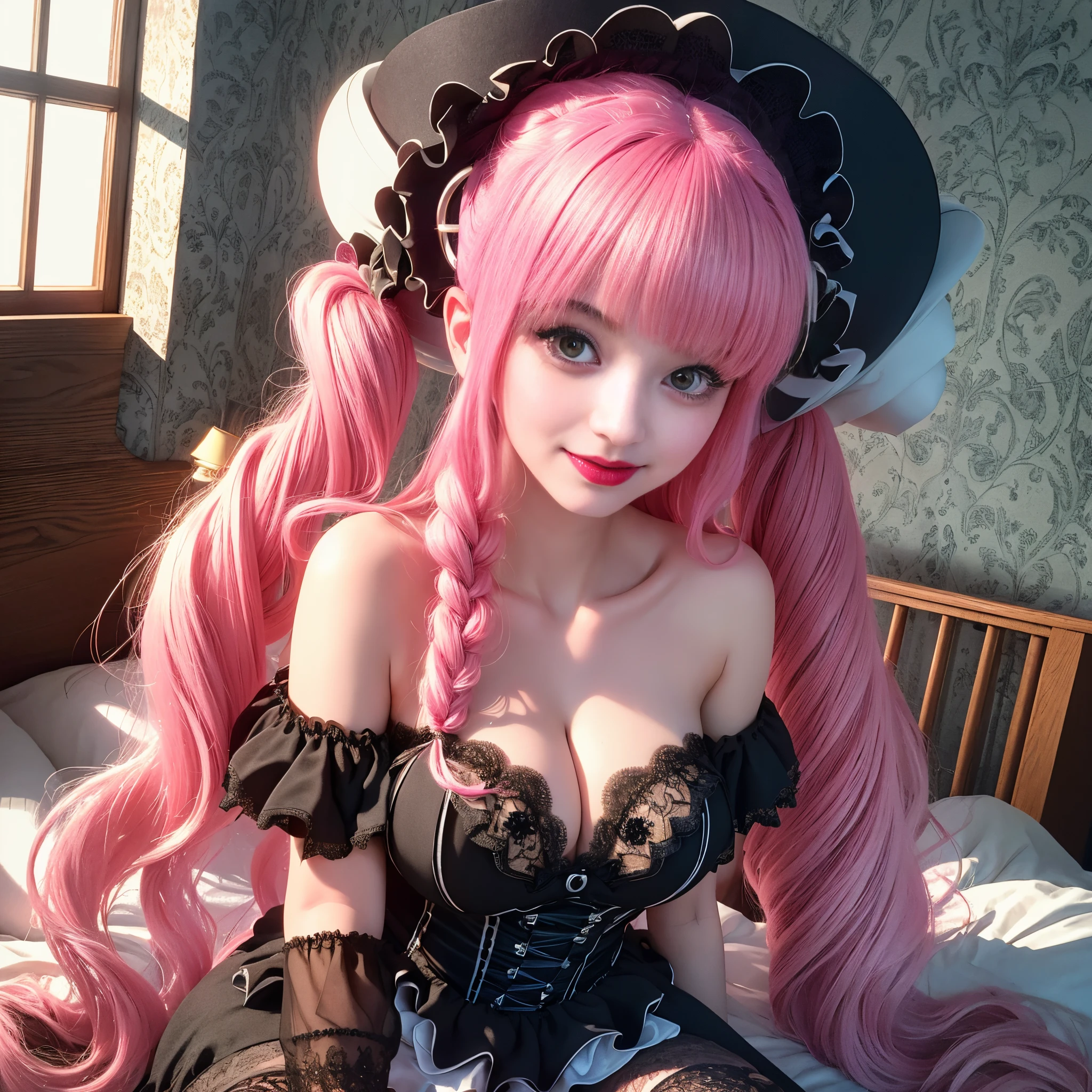 ultra realistic 8k cg, masterpiece, ((ultra detailed background, delicate pattern, intricate detail)), (highly detailed, fine details), best quality, 1girl, (photorealistic:1.4),beautiful lighting,  absurdres, RAW photo, film grain, ((large breasts, plump butt,  slim girl)), Perona, ((((1girl)))), long hair, pink hair, solo, black eyes, blunt bangs, cleavage, twintails, drill hair, smile, dress, (small breasts), hat, lipstick, ghost, makeup, black dress, bare shoulders, strapless, stuffed toy, collarbone, frills, top hat, skirt, thighhighs, bedroom