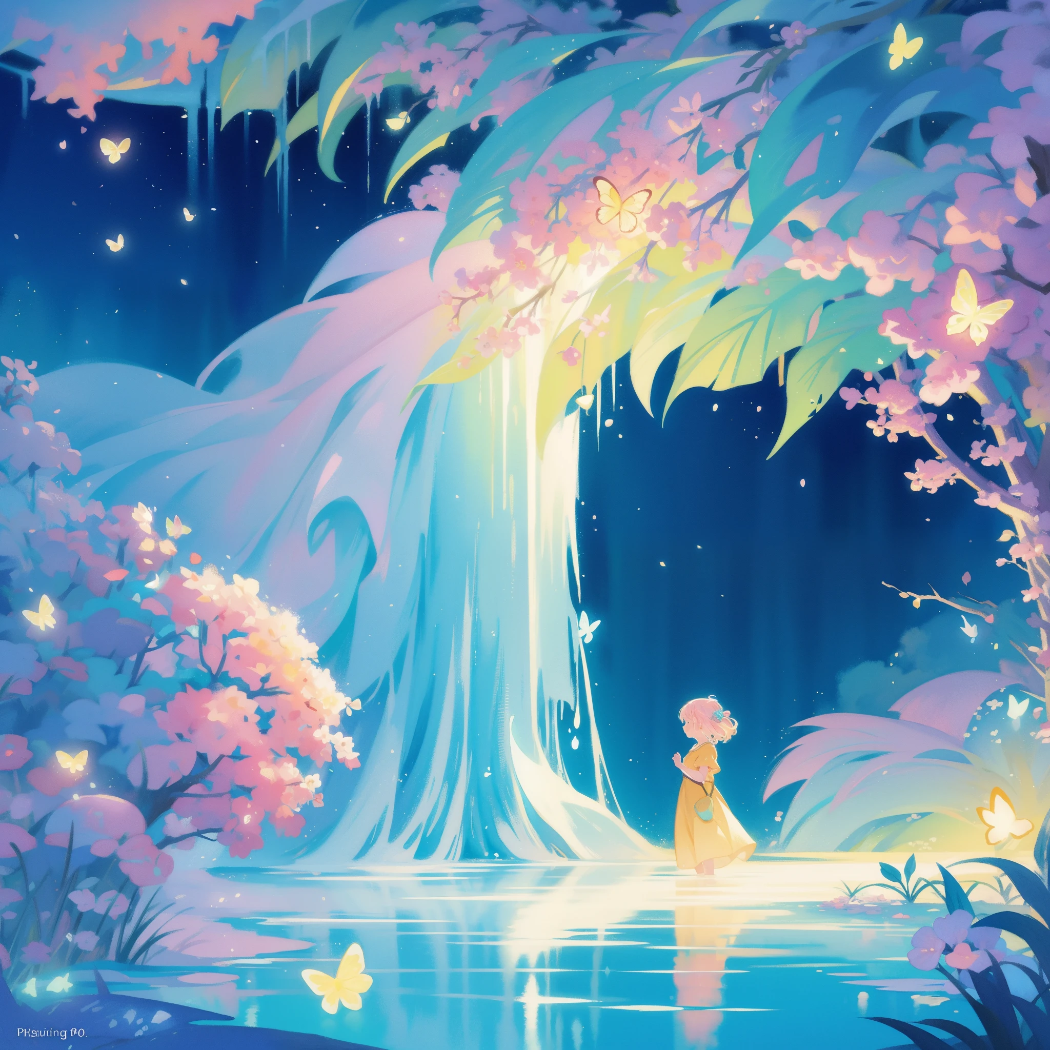 picture book illustration, watercolor storybook illustration, vibrant pastel colors, dreamy, colorful, whimsical, magical, masterpiece, best quality, sharp focus, intricately detailed environment, fine detail, 8k resolution, waterfall lagoon, (magical lagoon), (waterfall, lake), glowing lights, fireflies, glowing butterflies, landscape, fantasia
