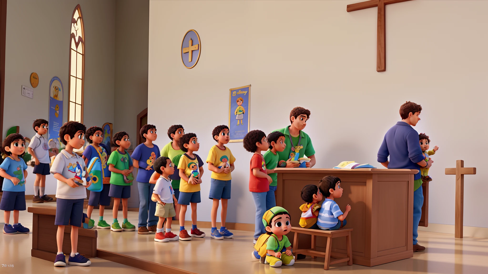 different children, menino, raparigas, Babies, Young Child, em uma igreja com padre num poster estilo Disney Pixar