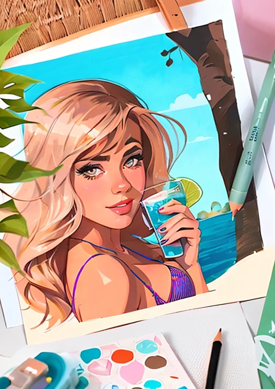 drawing of a woman in a bikini sitting in a hammock with a drink, caricature illustration, in illustration style digital, stylized digital illustration, color digital illustration, professional illustration, Cartoon style illustration, full-colour illustration, in cartoon style, arte dos desenhos animados, estilo caricatura, pintura digital dos desenhos animados, portfolio illustration, Portrait illustration, retrato dos desenhos animados, digital illustration portrait