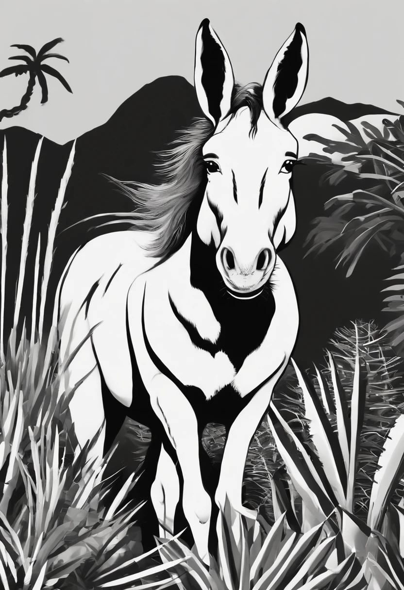 black and white animation background of the Brazilian northeastern hinterland with typical semi-arid vegetation with cacti, sun, heat, with a cartoon animal like a donkey, donkey, donkey, donkey in the dreamworks style, the sherek drawing donkey., small, Classicism, Gamine, top-down, Motion graphics, Grainy, sprite sheet, pastel colors, Happycore, film noir lighting, Ultra-realistic, highly detailed, natural lighting, ocean environment, Unity engine, 8k