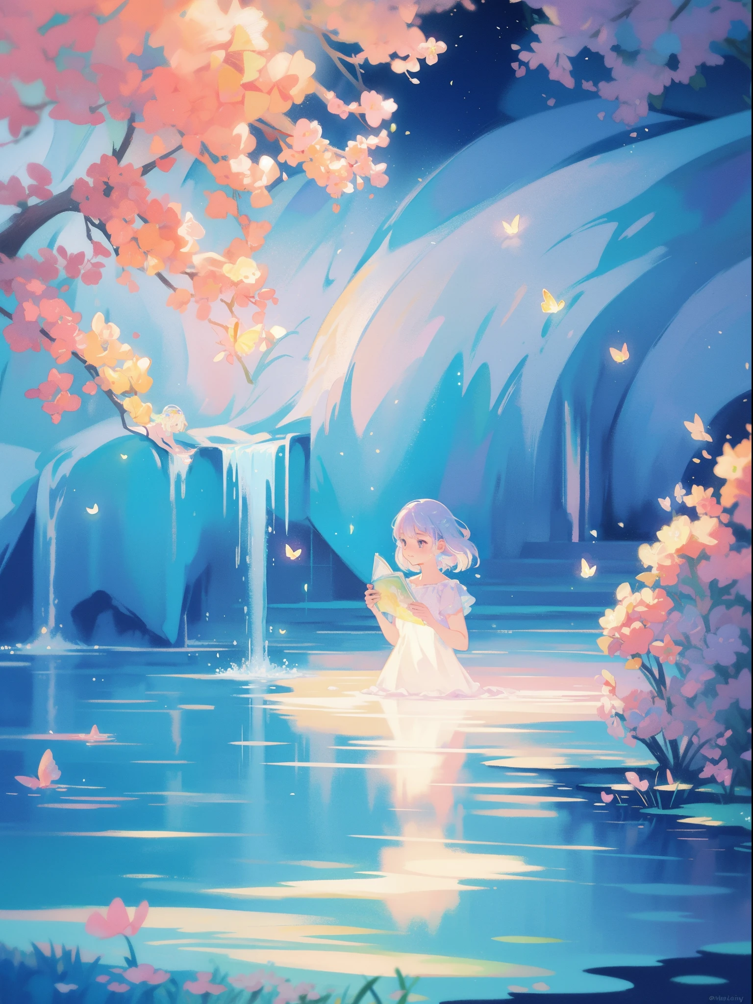 picture book illustration, watercolor storybook illustration, vibrant pastel colors, dreamy, colorful, whimsical, magical, masterpiece, best quality, sharp focus, intricately detailed environment, fine detail, 8k resolution, waterfall lagoon, (magical lagoon), (waterfall, lake), (beautiful girl swimming in water), glowing lights, fireflies, glowing butterflies, glowing pixies