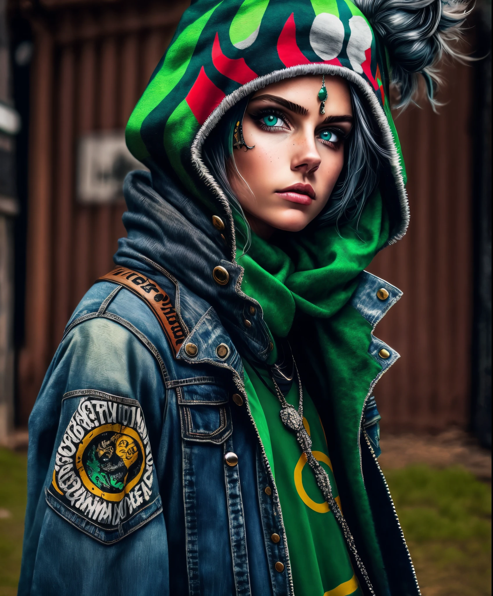 One piece anime style tem cabelos ruivos que caem suavemente sobre seus ombros. Seus olhos verdes intensos brilham com uma mistura de gentileza e raiva, refletindo sua personalidade complexa. A tattoo of a dragon adorns his back. Ela usa um conjunto casual e estiloso, perfeito para um festival de rock and roll. Ela veste uma camiseta de banda com um colete de couro, jeans rasgados e botas de combate. Para completar o visual, she has a bandana tied around her head and several silver accessories.