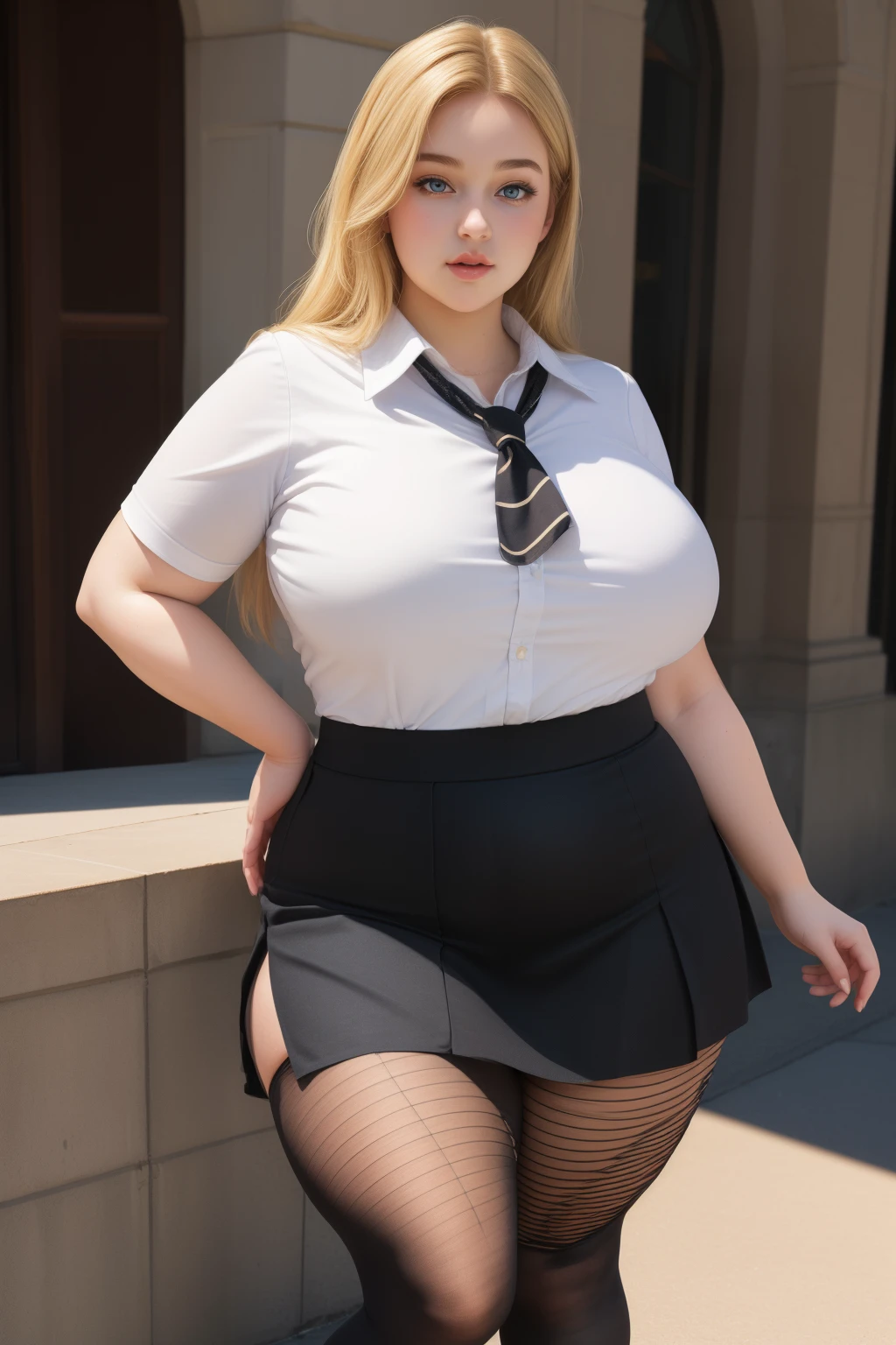 masterpiece, (photorealistic), (8k) , (best quality), perfect quality, solo, (detailed eyes:0.9), girl, blonde, very young, face : (very young, European, eating donut, very beautiful face, plump face, small double chin, young). figure : (full figure, curvy, very chubby, fat rolls, very soft, big breasts, sexy, sexy pose, fat thighs). clothes: (tight black short miniskirt, tight school uniform, ripped tights, fishnet ).