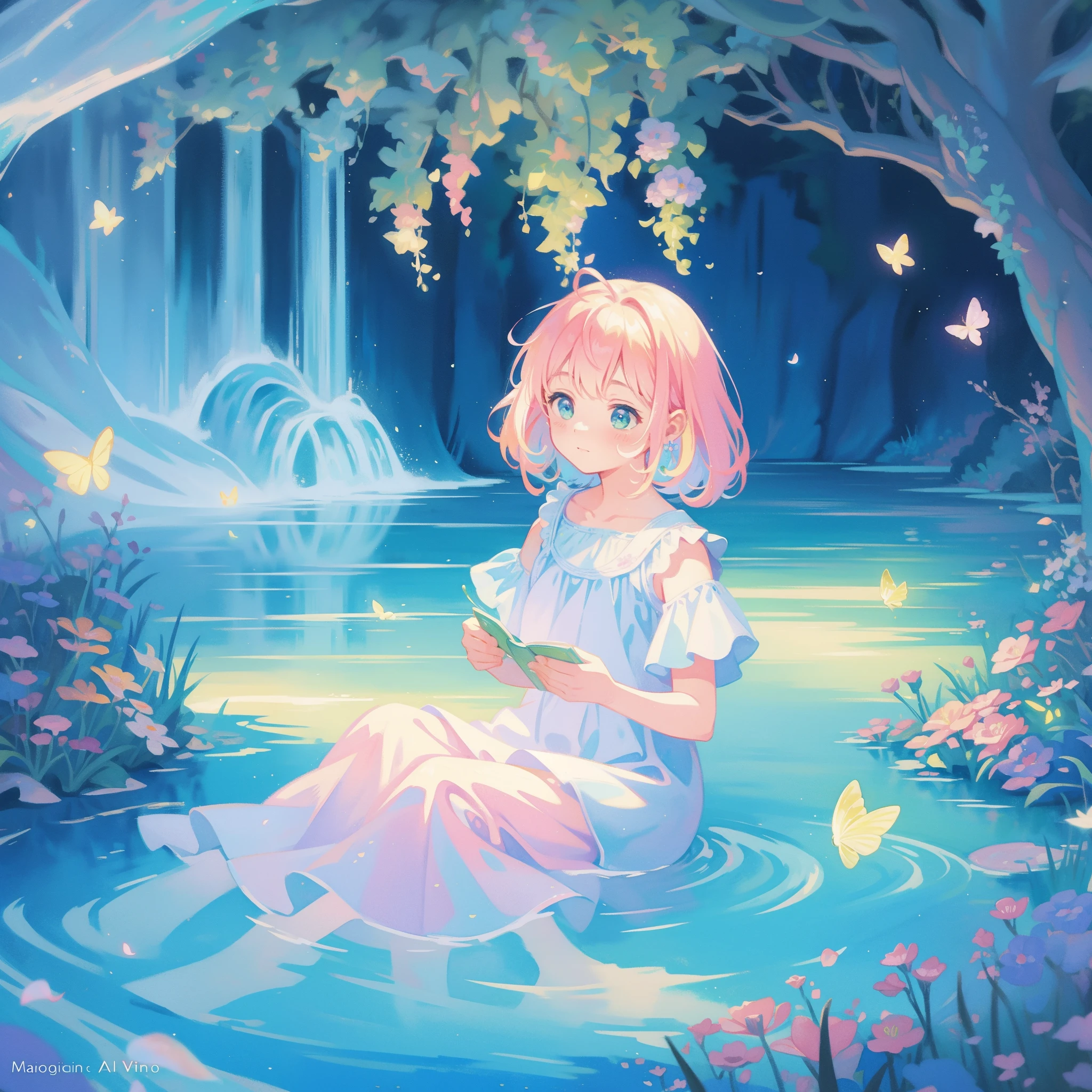 picture book illustration, watercolor storybook illustration, vibrant pastel colors, dreamy, colorful, whimsical, magical, masterpiece, best quality, sharp focus, intricately detailed environment, fine detail, 8k resolution, waterfall lagoon, (magical lagoon), (waterfall, lake), glowing lights, fireflies, glowing butterflies, fairy creatures, glowing fairies