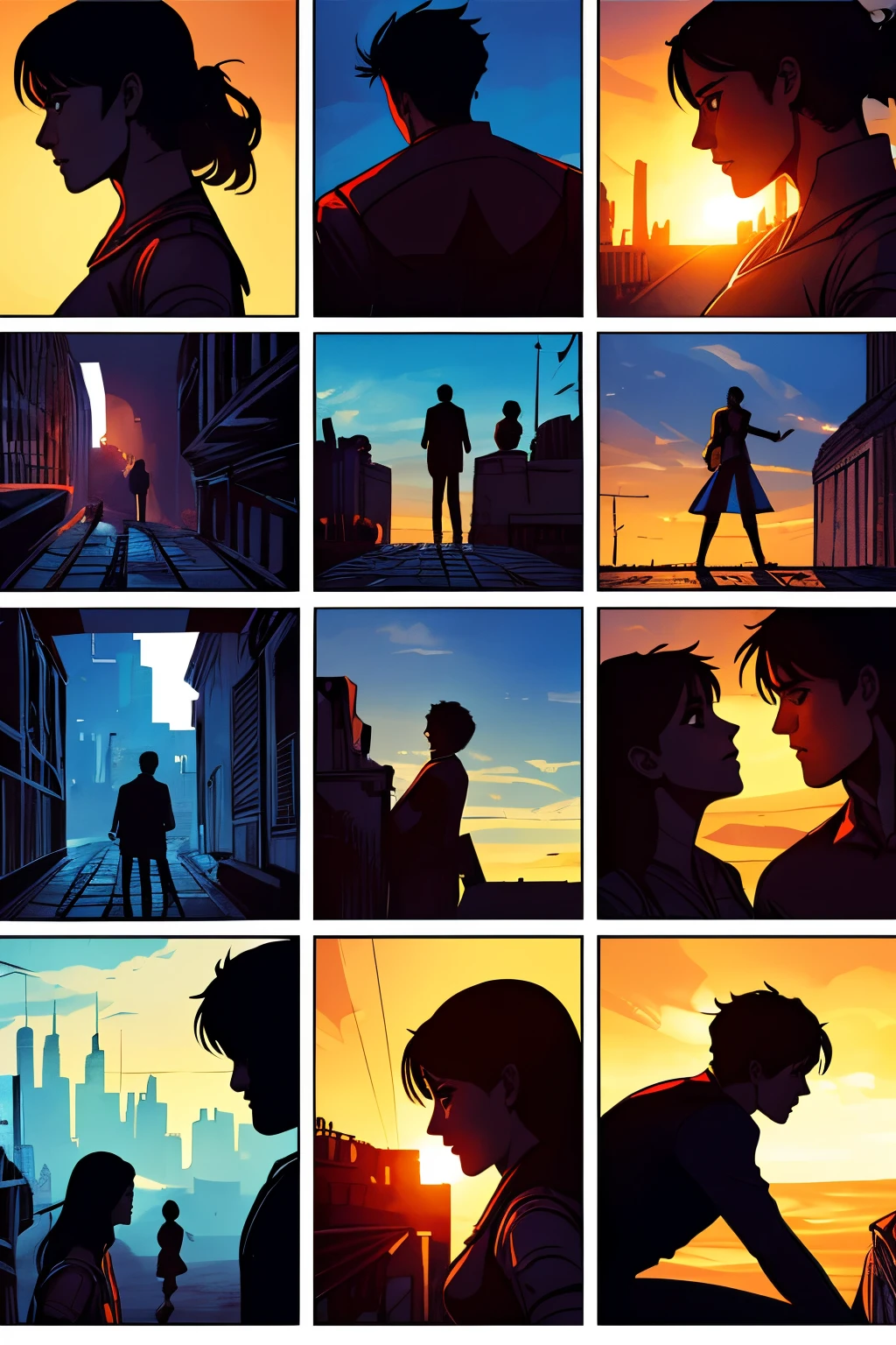 comic book,6-panel grid,wordless,very representative,easy to understand,illustration,high-quality,ultra-detailed,expressive characters,vibrant colors,emotional storytelling,romantic atmosphere,varied camera angles,dynamic poses,subtle lighting,thoughtful composition,cohesive visual narrative.
