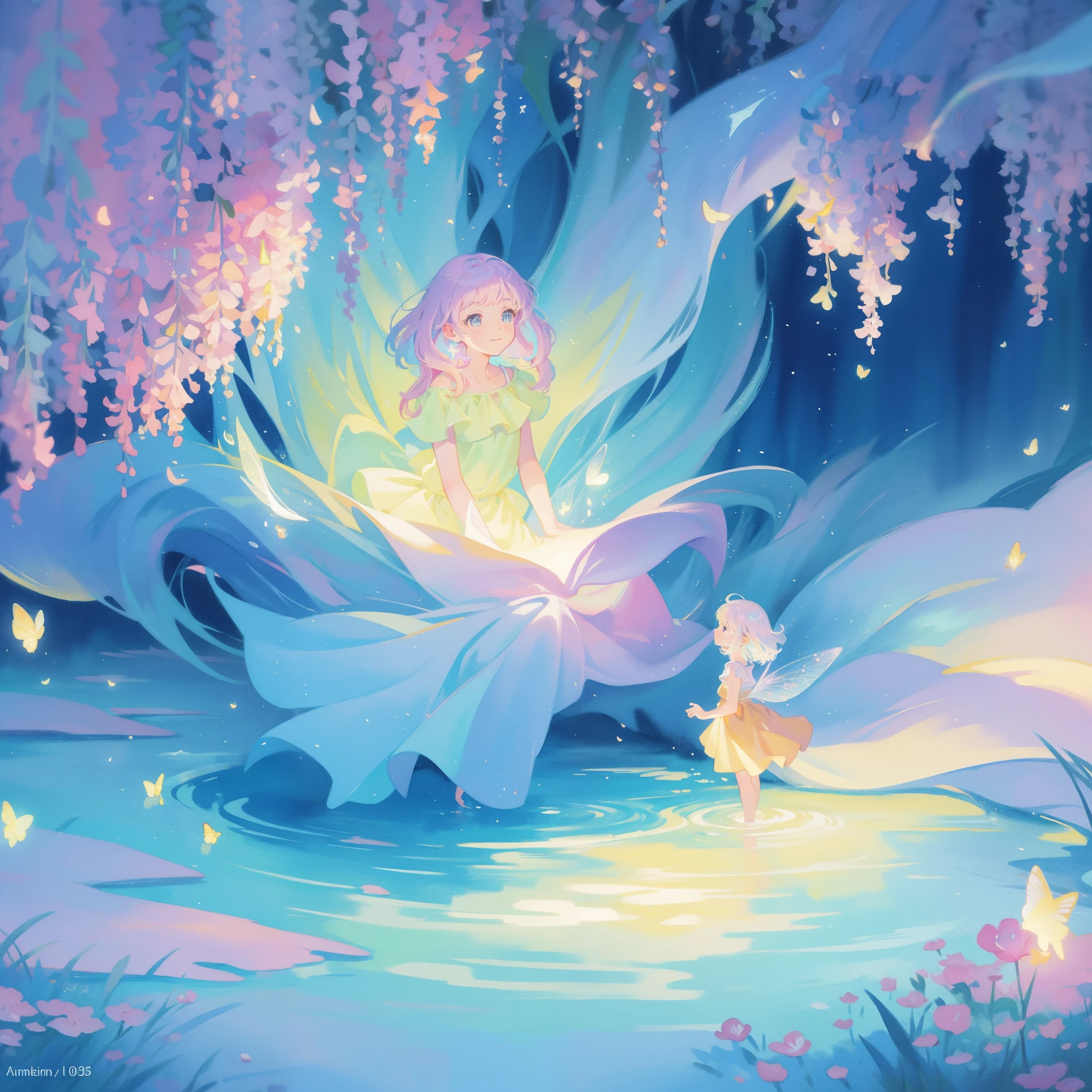 picture book illustration, watercolor storybook illustration, vibrant pastel colors, dreamy, colorful, whimsical, magical, masterpiece, best quality, sharp focus, intricately detailed environment, fine detail, 8k resolution, waterfall lagoon, (magical lagoon), (waterfall, lake), glowing lights, fireflies, glowing butterflies, fairy creatures, glowing fairies
