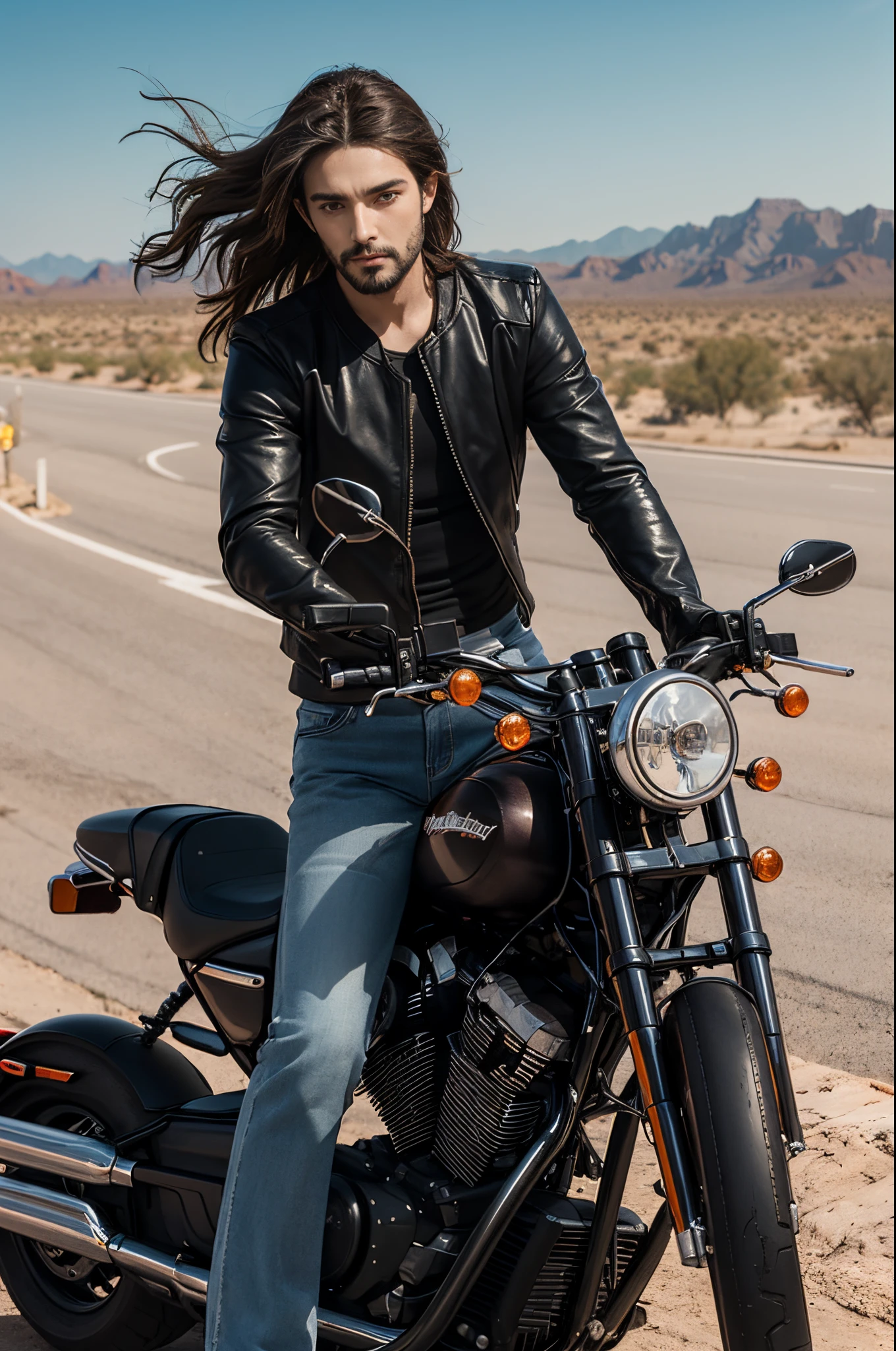 Jesus riding down a desert highway on an orange Harley with his hair blowing in the wind