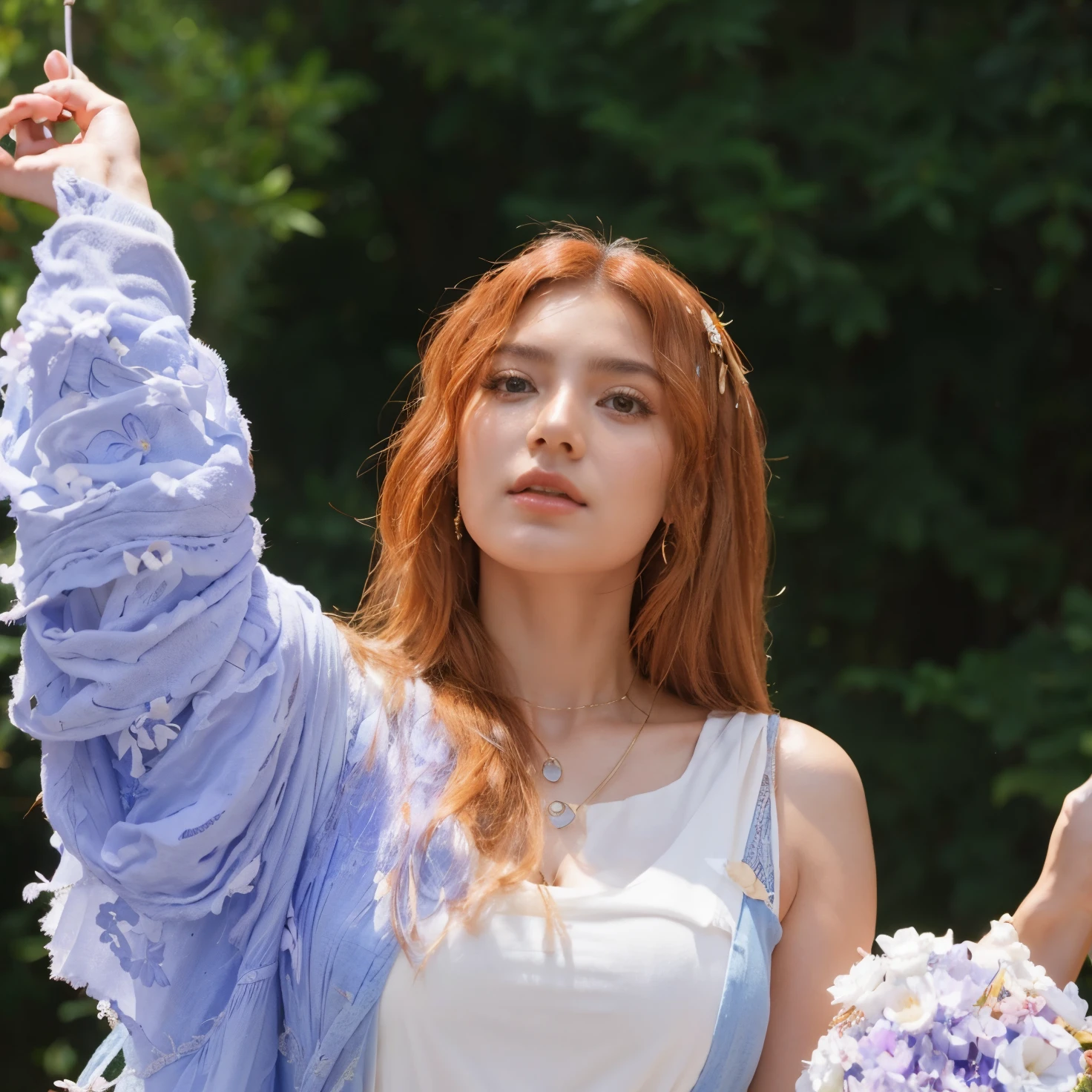 Greek goddess Demeter, amante de flores e jardins, elementos do olimpo ao redor, roupas usadas pelos deuses, and Yeji's appearance from Itzy.