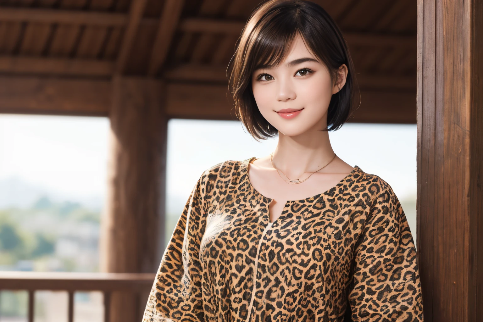 111
(a 20 yo woman,is standing), (A hyper-realistic), (high-level image quality), ((beautiful hairstyle 46)), ((short-hair)), (Gentle smile), (brest:1.1), (wild animal print clothing)