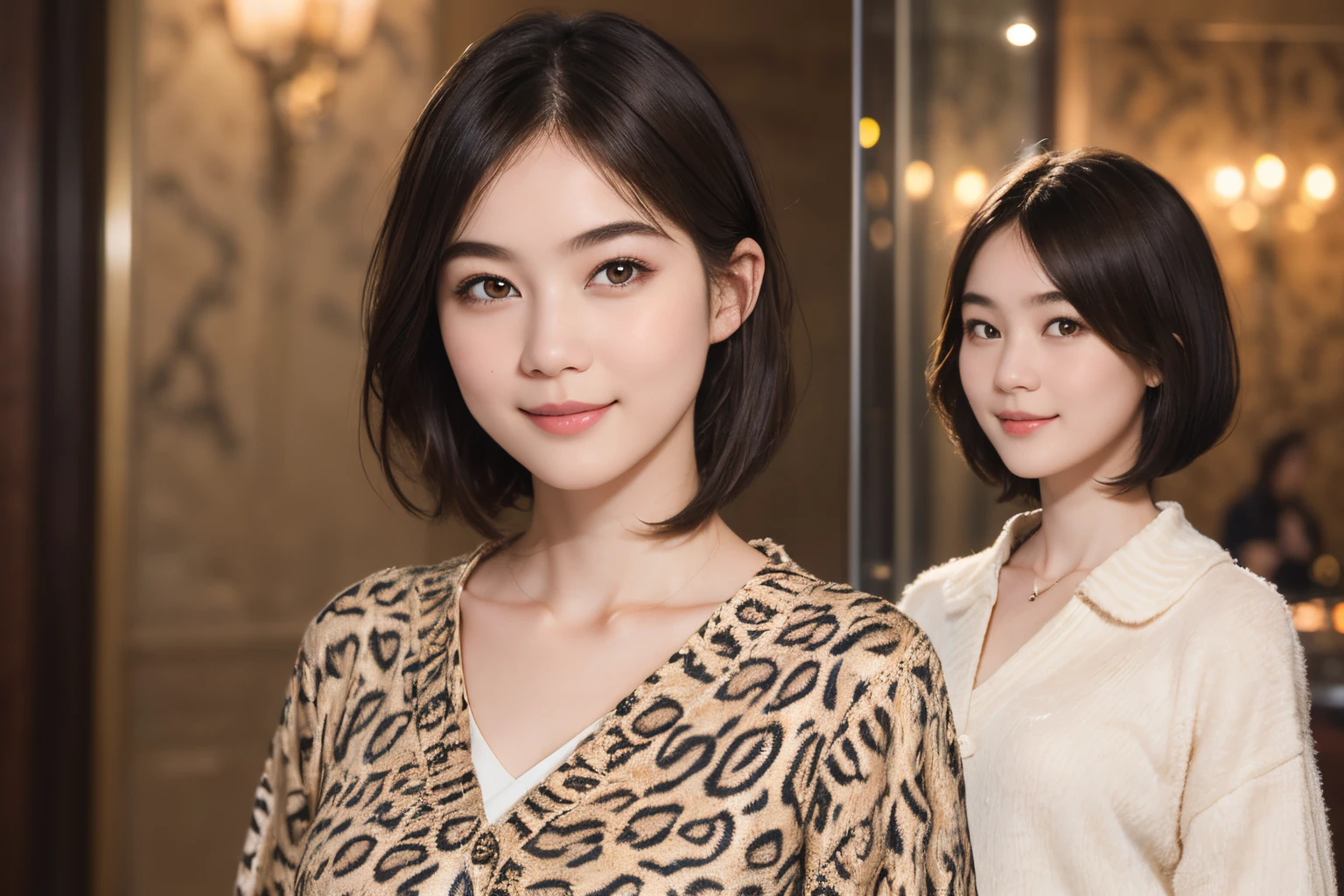 111
(a 20 yo woman,is standing), (A hyper-realistic), (high-level image quality), ((beautiful hairstyle 46)), ((short-hair)), (Gentle smile), (brest:1.1), (wild animal print clothing)