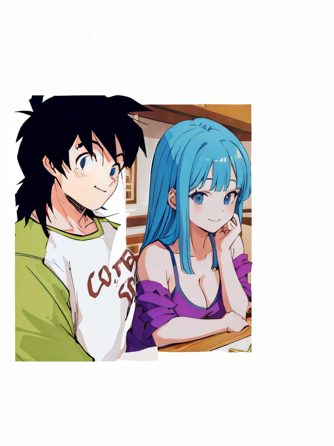 Casal anime, sentados na mesa, 1girl, 1boy, romantico