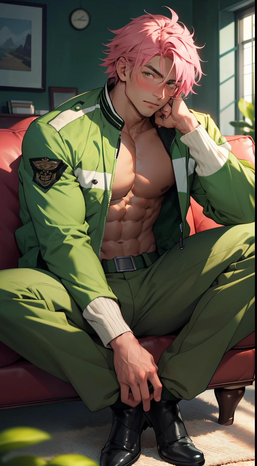 (masterpiece, best quality ), 1man, muscular, short hair, brown eyes, intricate, (living room) , full body, white army uniform, open green jacket, vivid colors,(depth of field:1.2),(abs),blush, looking at viewer, sitting on couch, spread legs, shirt open, shirtless, visible pectorals