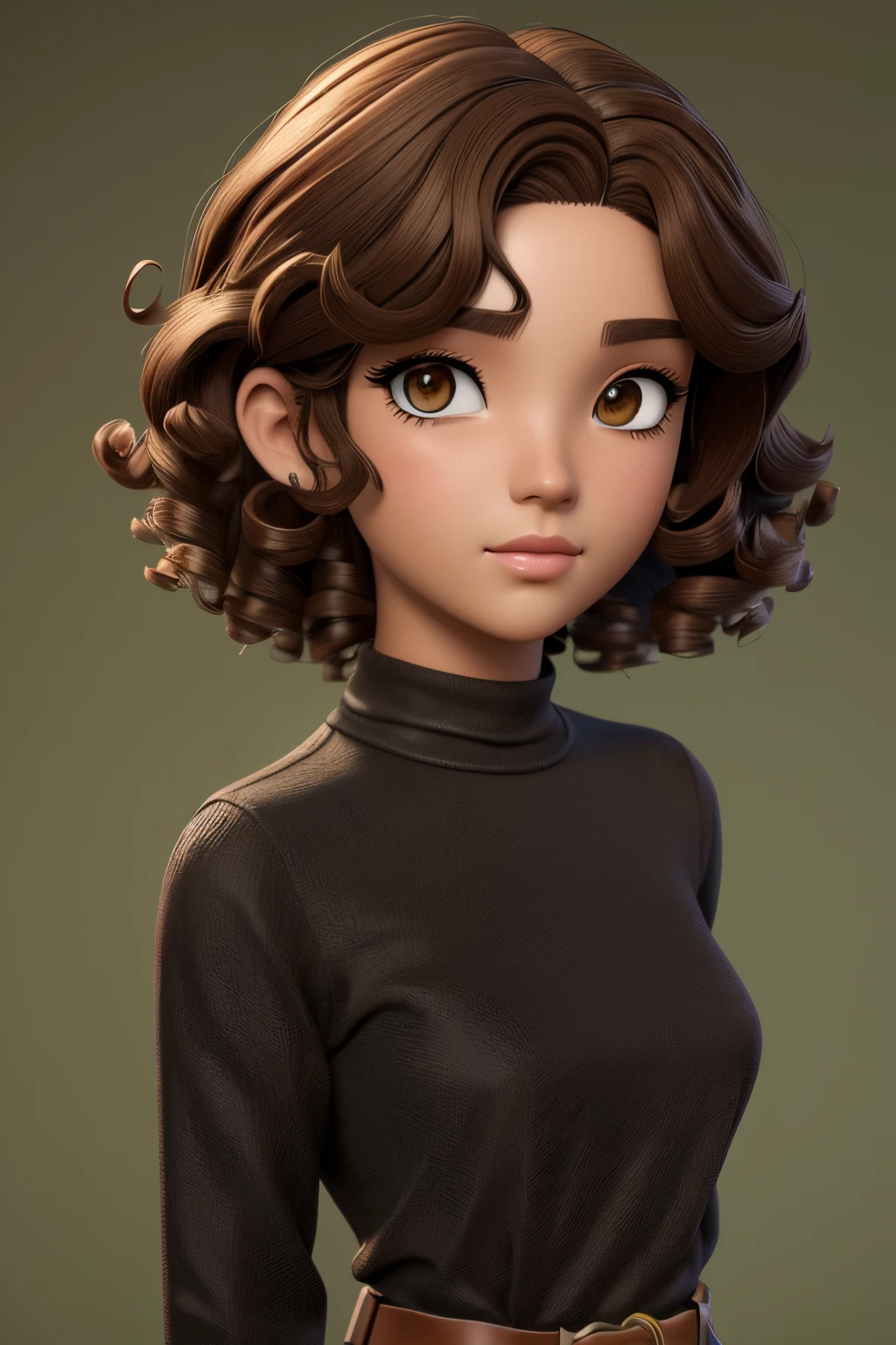 um close up de uma garota de desenho animado com uma camisa bege e cinto marrom, 8k portrait render, 3 d render stylized, smooth 3d CG rendering, 3 d render arte do caractere 8 k, Personagem altamente detalhado, retrato de personagem de closeup, anime estilizado, Personagem de close up, foto retrato suave 8 k, 3D estilizado, bonito 3 d render, retrato da . Pele morena. Cabelo curto encaracolado