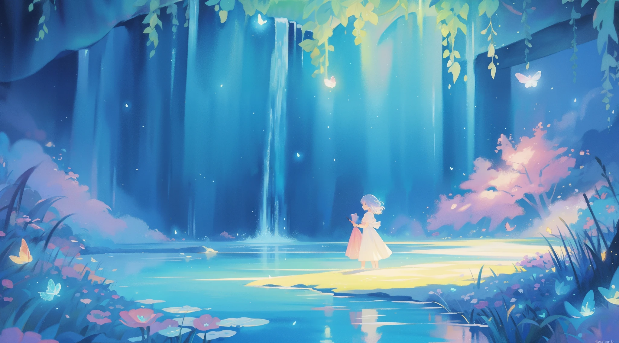 picture book illustration, watercolor storybook illustration, vibrant pastel colors, dreamy, colorful, whimsical, magical, masterpiece, best quality, sharp focus, intricately detailed environment, fine detail, 8k resolution, waterfall lagoon, water nymph girl, (magical lagoon), (waterfall, lake), (beautiful nude girl swimming in water), glowing lights, fireflies, glowing butterflies, glowing pixies