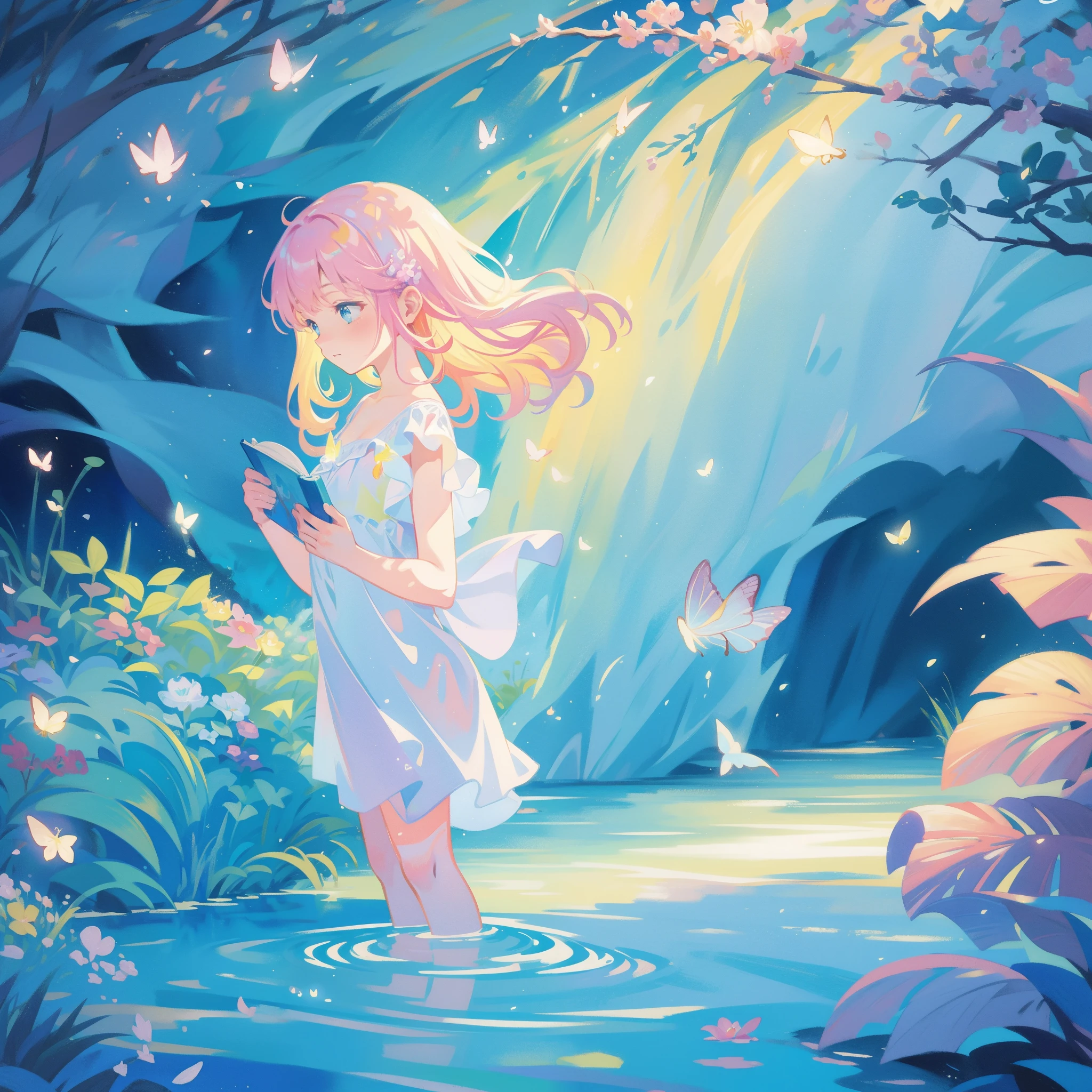 picture book illustration, watercolor storybook illustration, vibrant pastel colors, dreamy, colorful, whimsical, magical, masterpiece, best quality, sharp focus, intricately detailed environment, fine detail, 8k resolution, waterfall lagoon, (magical lagoon), (waterfall, lake), (beautiful nude girl swimming in water), glowing lights, fireflies, glowing butterflies, glowing pixies
