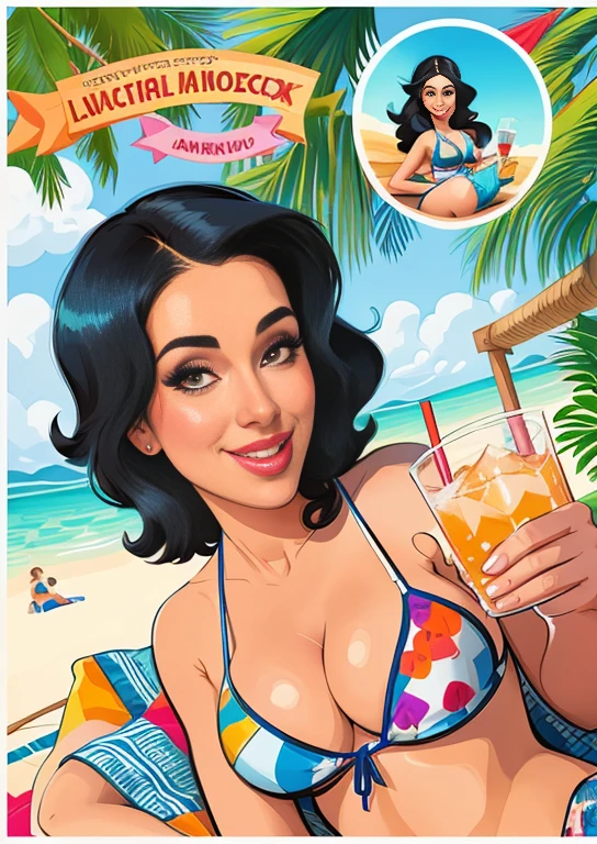 drawing of a woman in a bikini sitting in a hammock with a drink, caricature illustration, in illustration style digital, stylized digital illustration, color digital illustration, professional illustration, Cartoon style illustration, full-colour illustration, in cartoon style, arte dos desenhos animados, estilo caricatura, pintura digital dos desenhos animados, portfolio illustration, Portrait illustration, retrato dos desenhos animados, digital illustration portrait