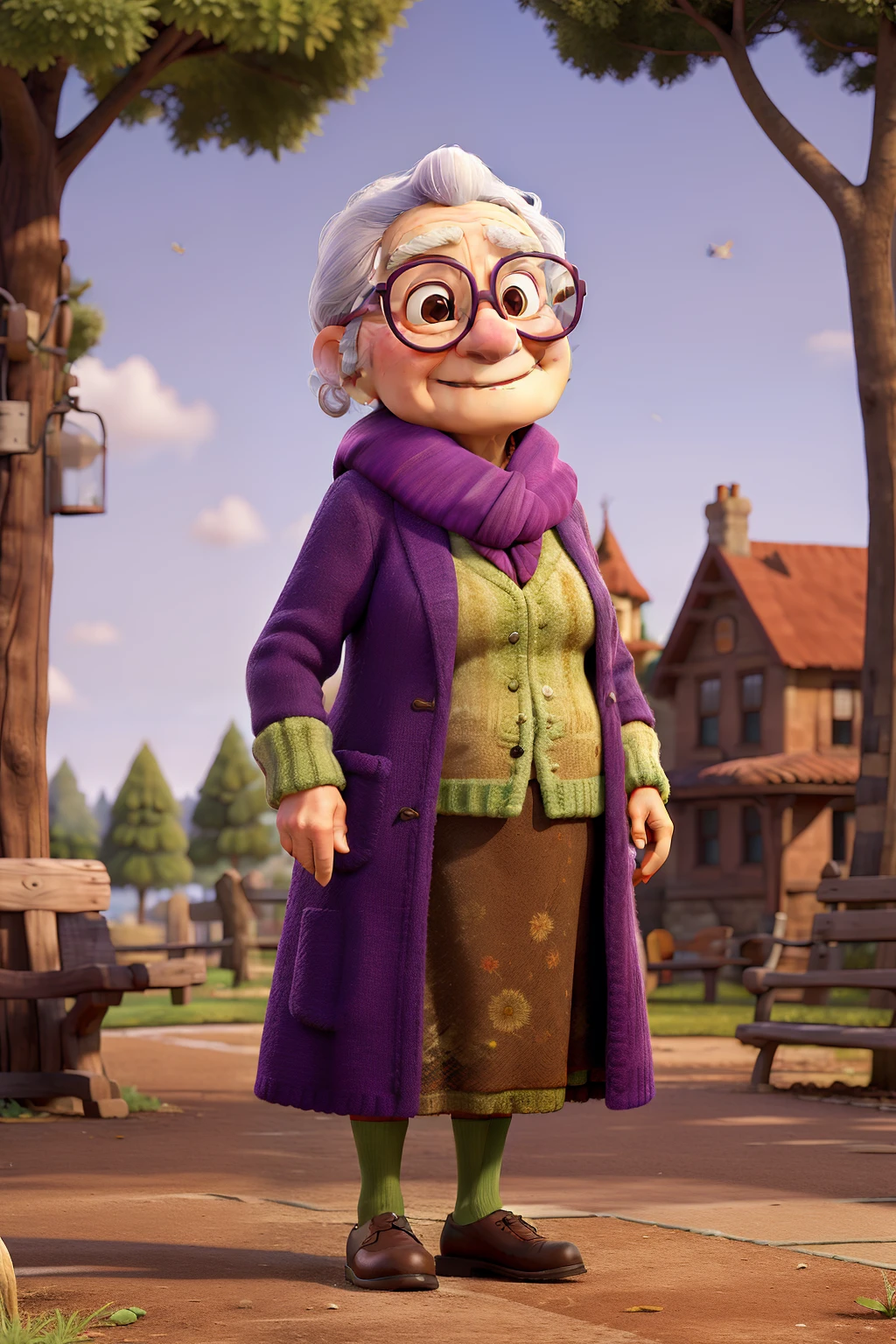 masterpiece, best quality, an old woman with glasses and a scarf on, wearing a purple coat and green scarf, standing at the park