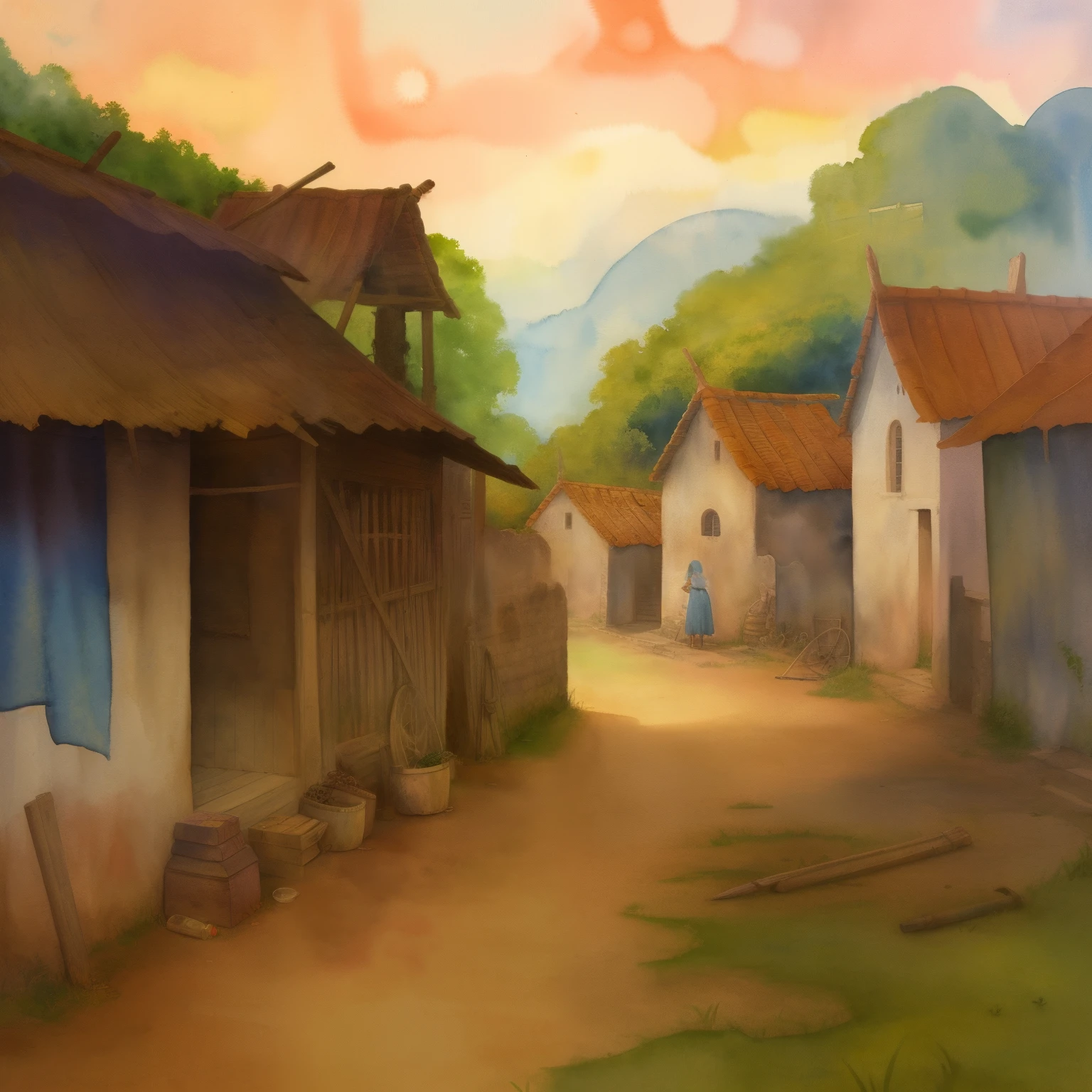 watercolor background, simple illustration, Gentle tones, poor village background, Medieval times, Background, poverty, NOhumans