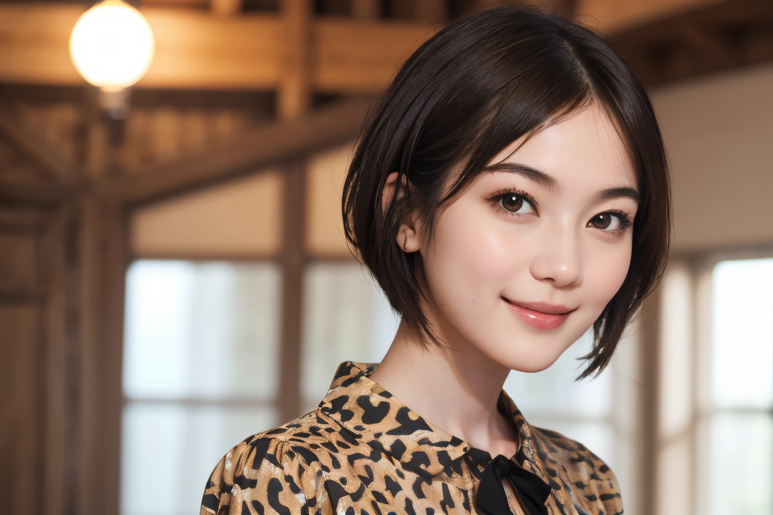 111
(a 20 yo woman,is standing), (A hyper-realistic), (high-level image quality), ((beautiful hairstyle 46)), ((short-hair)), (Gentle smile), (brest:1.1), (wild animal print clothing)