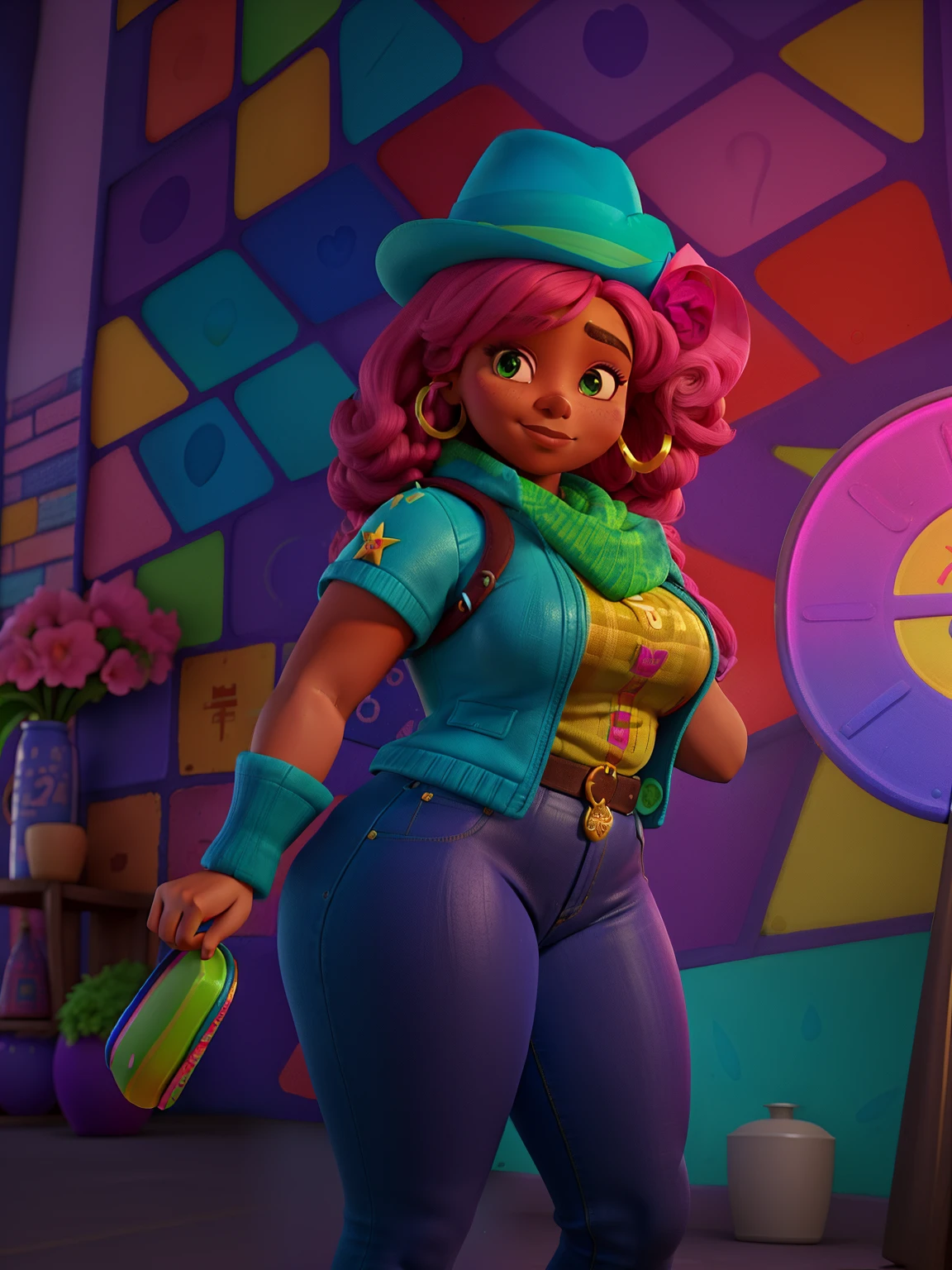 brightly colored wall with a woman in a blue hat and a purse, patron saint of 🛸🌈👩🏾, thicc, thick thighs, 🤬 🤮 💕 🎀, african domme mistress, an ahoge stands up on her head, curvaceous. detailed, lady kima, looking off to the side, curvaceous, young lady, neon vibes