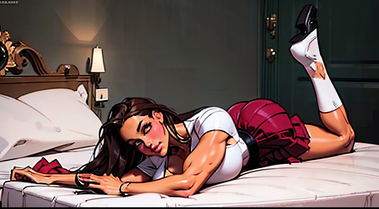 ((Best quality, 8k, Masterpiece :1.3)), pretty woman, 1girl, gigantic breasts :1.3, (firm abs, slender figure :1.1), laying down on bed, inviting the viewer, lustful, dark red hair, (pose invited, skirt :1.1), ultra-detailed face, detailed lips, detailed eyes, double eyelid, masterpiece, 8k, midriff exposed, catholic school uniform, ((cleavage)), detailed background