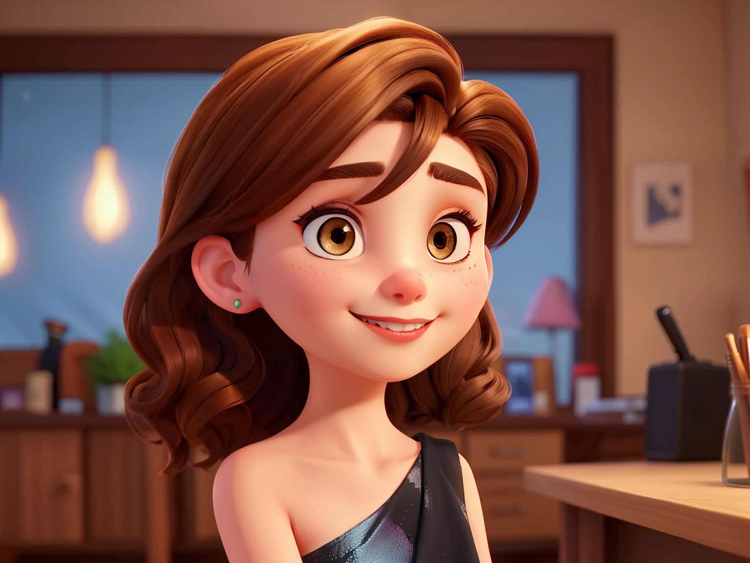 A close up of a cartoon girl in a dress sitting at a table - SeaArt AI