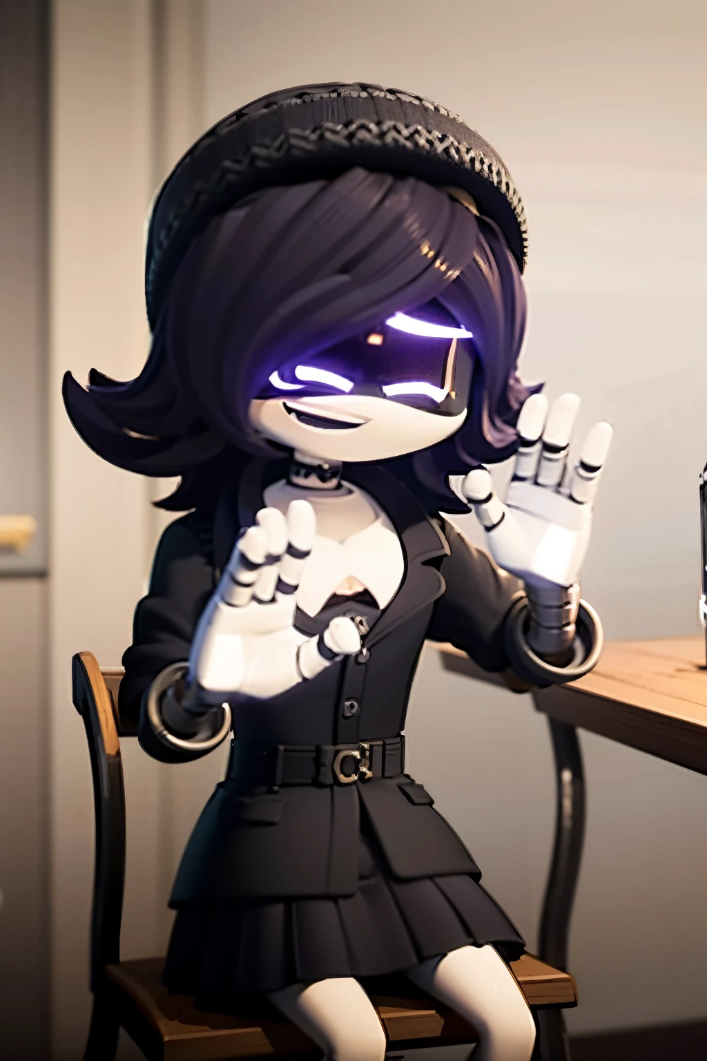 Uzi, waving, sitting down, high five