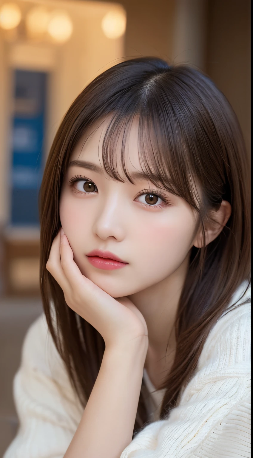 On the table, best quality, shape, Ultra Detailed, Finely, high resolution, 8k wallpaper, 完璧なダイナミックな構shape, Beautiful and delicate eyes, Medium Length Hair, Small Breasts, Natural lipstick, Casual sexy pose,Smile,20 year old girl、midnight、Beautiful and detailed face、Perfect beautiful face,big eyes、original photo、Expressing female posture using the whole body、Beautiful and delicate eyes、Small face、Beautiful duplex、Facelift and style,skirt、Beautiful golden ratio face,Long hair