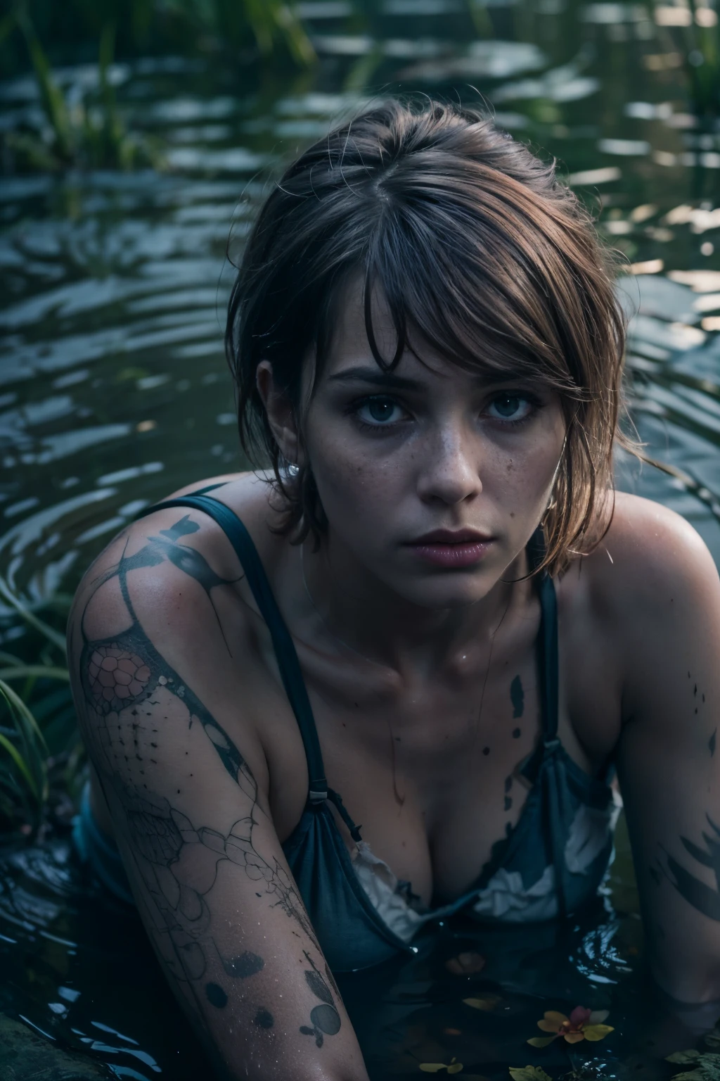 (Best Quality,hight resolution,Masterpiece, Overhead view:1.20),Ultra-detailed,The woman,Wide flares on jeans,sickly,drowning in a swamp, (grimly capitulates at the bottom of the mud pit:1.2),gloomy ecstasy,fetish,dark gloomy atmosphere,gritty texture,Retro-atmosphere,warped reality,melancholic expression on his face,mysterious aura,foggy atmosphere,foggy background,Subtle color palette,provocative pose,Strong emotions,Coming Out of the Depths of Despair,Piercing gaze,intense shadows,Plunged in Darkness,Rugged terrain,ominous vibe,A supernatural sensation,Loss of Place in Time and Space,Eerie silence.asymmetrical bangs, freckles, pink short hair, Bangs, freckles, gray eyes,