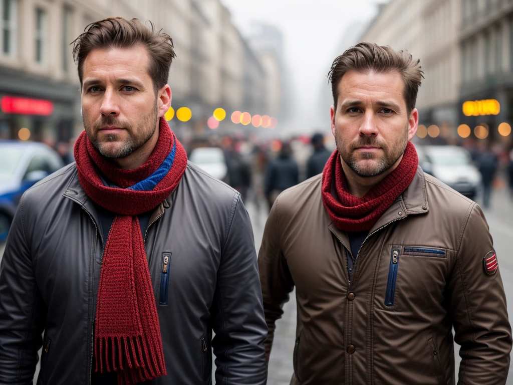 Best Quality, ultra photorealistic, photo realism, 8K, a photo of a, Photo of a 35-year-old man., shingle, Brown, Black bomber jacket, r, red and blue scarf, sweater, short windswept light brown hair, fit, Brutal, (brutal man without a beard), (shaved),, Standing on a treadmill, A crowded street serves as a backdrop., bokeh, Sateen, humid, Overcast, artificial lighting, mist, Detailed face and eyes, highly detailed skin, 8K UHD, sharp-focus, Professional, Best Quality