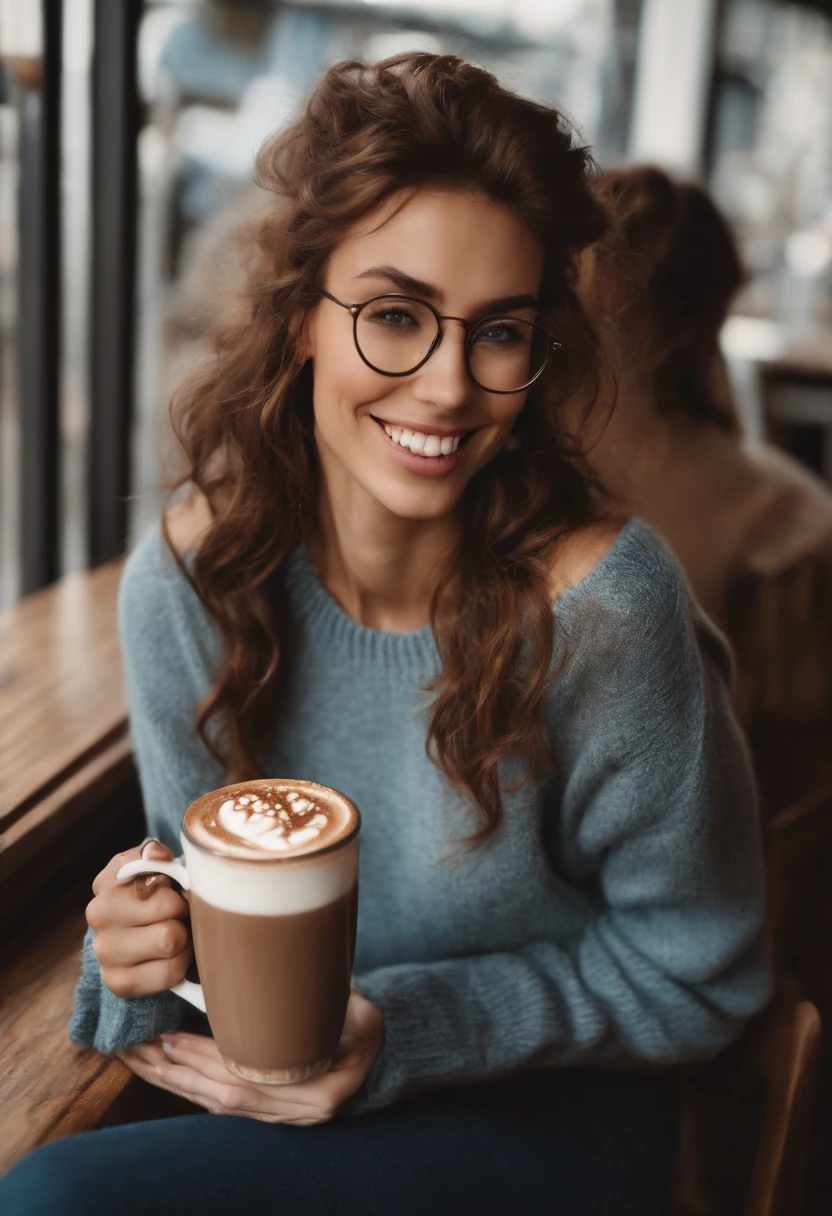 A close-up shot of a character at a local coffee shop, holding a hot chocolate with a cheeky smile.,original,[{{((Hair: light brown + short + messy))
((Eyes: large + blue + piercing + doe eyes))
((Facial features: long sharp face + sharp jawline + straight nose + pointed chin + thin lips + pale))
((Build: tall + slender + lean + lithe + strong + large hands))
((Appearance: glasses + sweaters + neat + put together))}}]