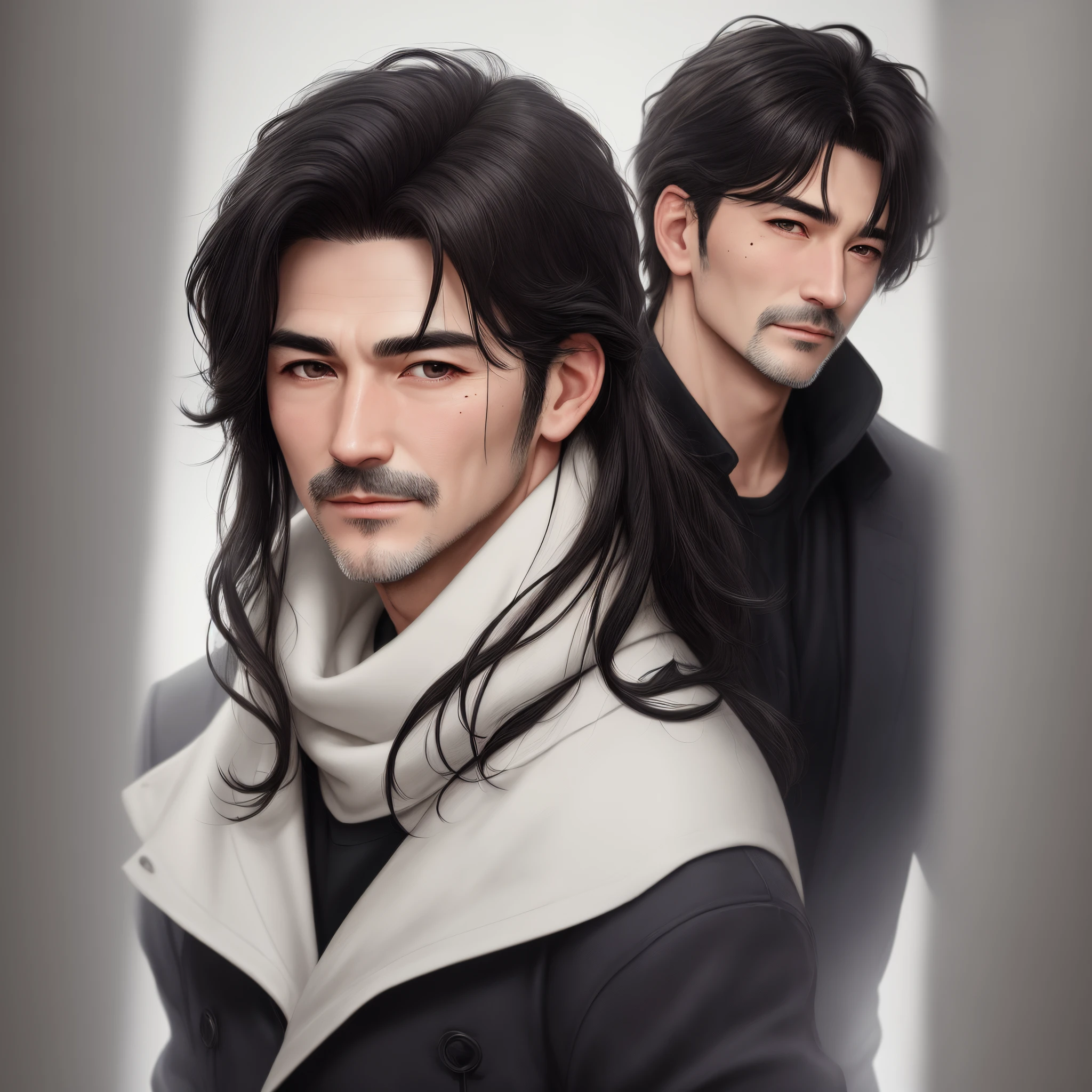 A handsome middle-aged man with sharp, calm features.... His eyes are clear and cold.... His hair is long, black with white highlights... A mole on his right thigh