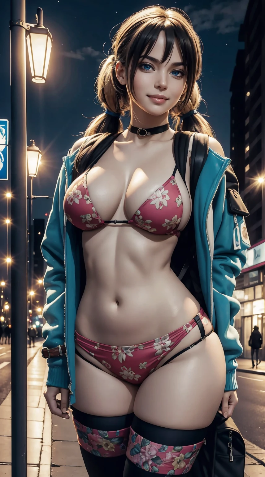 (masterpiece, best quality, ultra-detailed, 8k wallpaper, by milo manara), 1 girl, curvaceous but slender body, huge breasts, printed colorful micro bikini top, fleece jacket, shorts, thighhighs, bangles, choker, twintails, backpack, city streets, street lights, late night