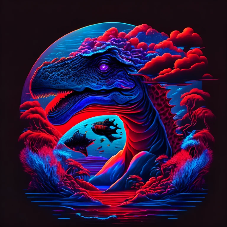 um osso de dinossauro no fundo do oceano, arte surreal, estampa (marinha), personagem (osso/fundo do mar), arte detalhes perfeitos, arte em vetor/neon light, cores vermelho/preto/azul-forte