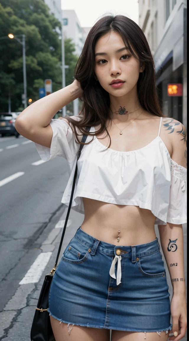 27 years old, gorgeous cute Brazilian girl, smirk, freckles, arafed woman in a denim dress posing for a picture, gemma chen, heonhwa choe, xision wu, taken in the early 2020s, a young asian woman, lulu chen, gorgeous young korean woman, tzuyu from twice, ayami koj ima, kiyoko suzuki, kiko mizuhara, chiho ashima, ((brown skinned girl)), good young girl, (masterpiece:1.0),(best_quality:1.0), ultra high res,4K,ultra-detailed, photography, 8K, HDR, highres, absurdres:1.2, Kodak portra 400, blurry background, bokeh, lens flare, (vibrant_color:1.2),professional photograph, (the_tattoo:1.4), (beautiful_face:1.5),(narrow_waist).