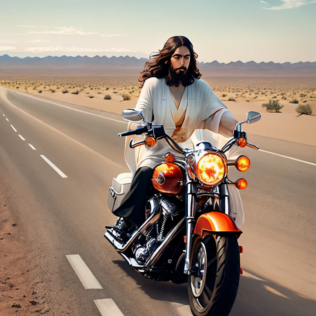 Jesus in his traditional robe riding down a desert highway on an orange Harley. The Harley has tall handlebars. Jesus’s hair is blowing in the wind. The picture is taken from in front of Jesus