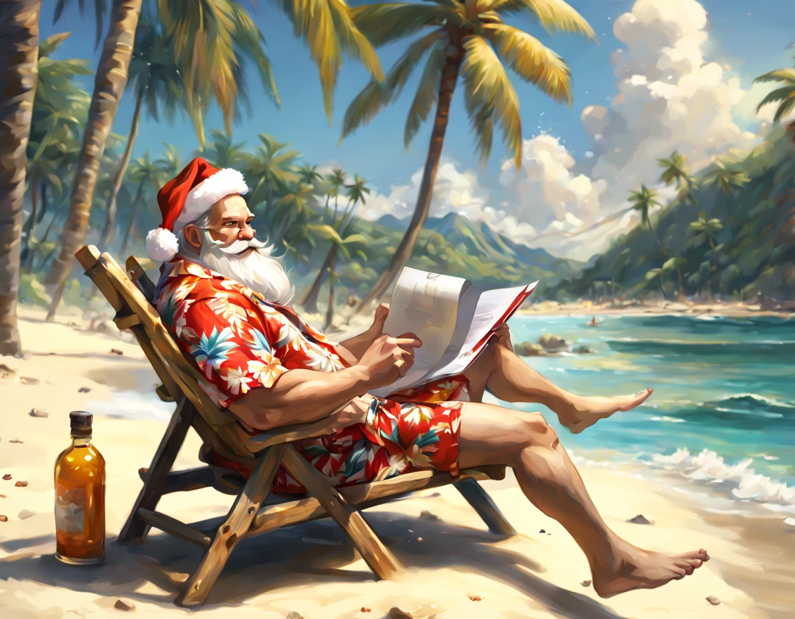 oil painting, Heavy brush strokes, paint splatter, Santa relaxing on a sun lounger, checking his list, Drink a cocktail, carry throws on the board, (wear a Hawaiian shirt:1.2),Portrait, (((full - body:1.3 ))) primitive tropical beach and palm trees in the background, cell shaded, dynamic lightingDDIM, WLOP, Unreal engine, Global Illumination, detailed and intricate environment, intricate painting, HD, captivating, extraordinary, phenomenal, wonderful, aesthetic, an artistic, fascinating, sophisticated , Beautiful, Gorgeous, Exquisite, Breathtaking, ((Masterpiece)), (((Best Quality))), ((ultra detail)), UHD, 8K, (((high definition))), ((illustartion)), ((Extremely realistic)), (reflections). Deep Colours. beatiful face, perfect anatomy, Perfect eyes, 詳細な目, the golden ratio, Award-winning, Professional, Highly detailed, centered, symmetry, dyed, Intricate, voluminous lighting, Gorgeous, Masterpiece, sharp-focus, Depth of field, Perfect composition, Laureate of the Award, High resolution 8K, Pixiv Trends, Artstation, Acrylic painting, Fanbox Pixiv Trends, palette and brushstrokes, oil painting, by Greg Rutkowsky